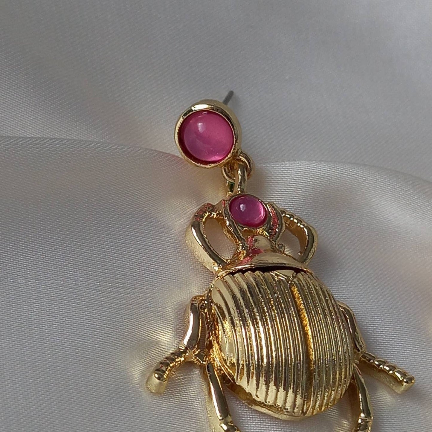 Pink & Gold Insect Drop Earrings -  Pink Bug Earrings, Insect Jewellery, Hanging Jewellery, Gold Accessories,Gold Jewellery,Gold Earrings