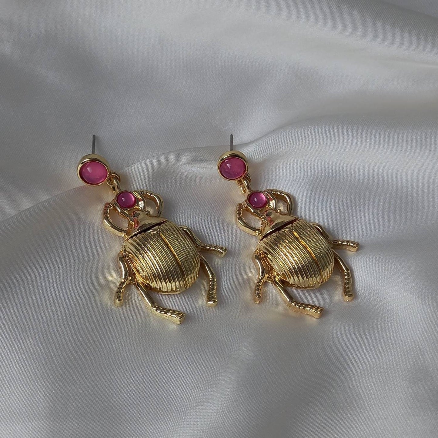Pink & Gold Insect Drop Earrings -  Pink Bug Earrings, Insect Jewellery, Hanging Jewellery, Gold Accessories,Gold Jewellery,Gold Earrings