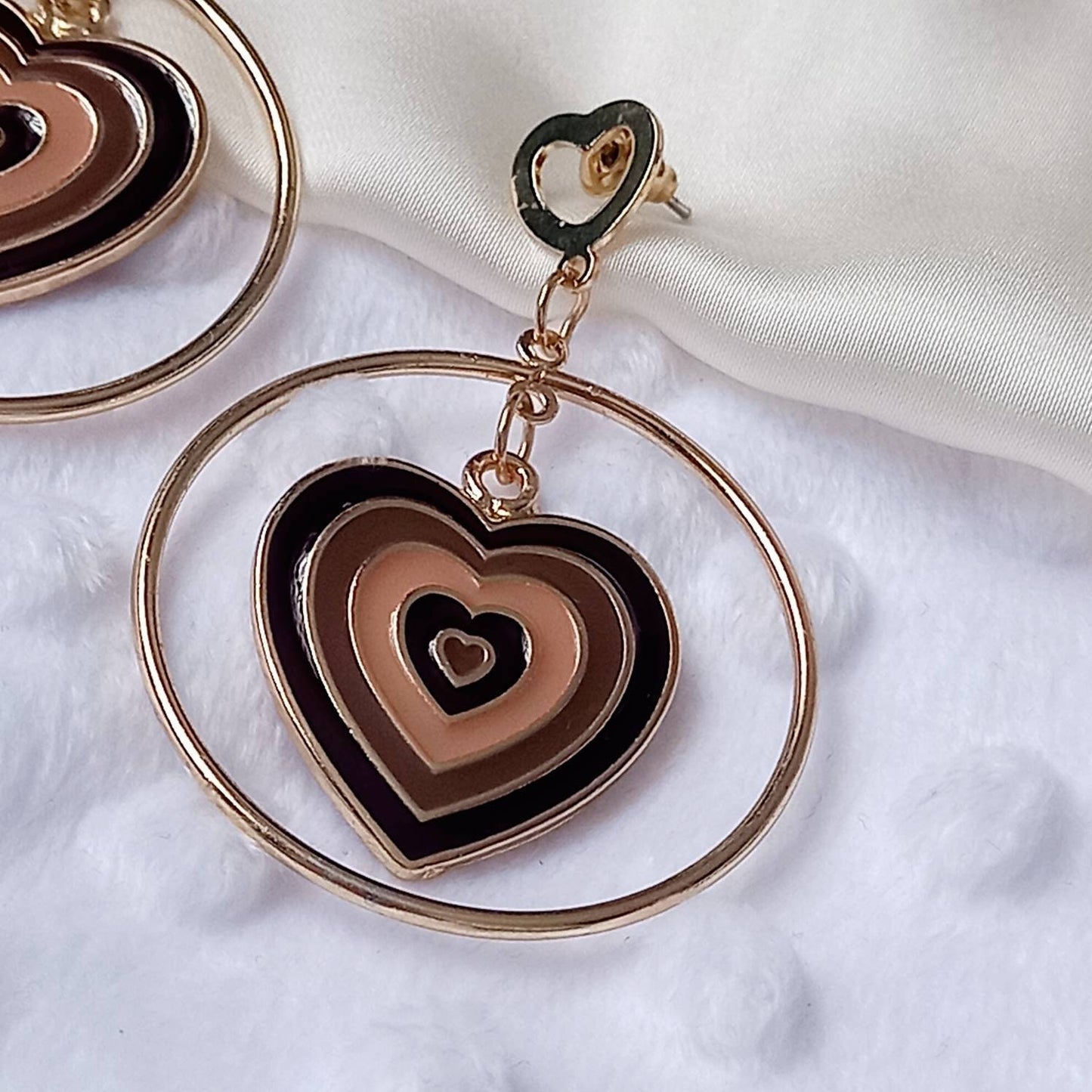 Brown & Gold Retro Heart Drop Hoop Earrings -  70's Style Earrings,Vintage Style,Hanging Jewellery,Accessories,Brown Jewellery,Gold Earrings