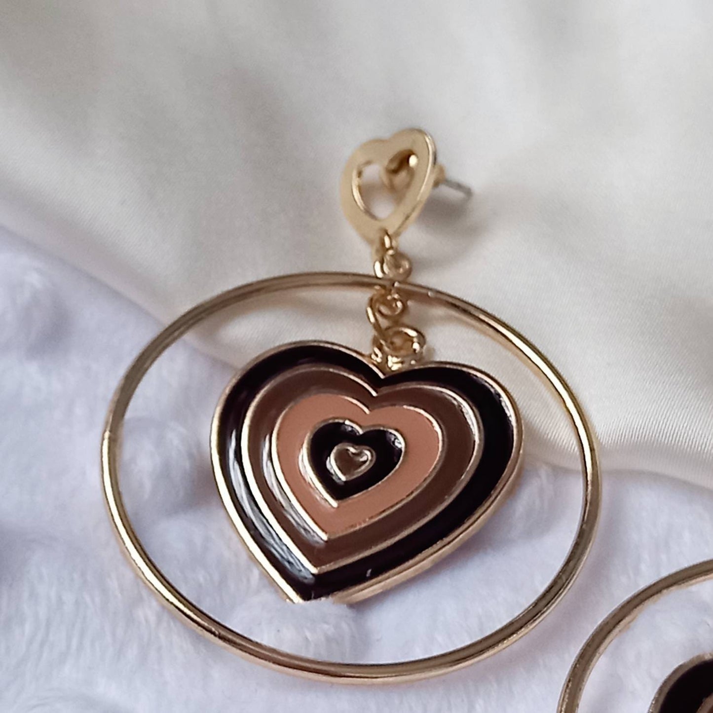 Brown & Gold Retro Heart Drop Hoop Earrings -  70's Style Earrings,Vintage Style,Hanging Jewellery,Accessories,Brown Jewellery,Gold Earrings