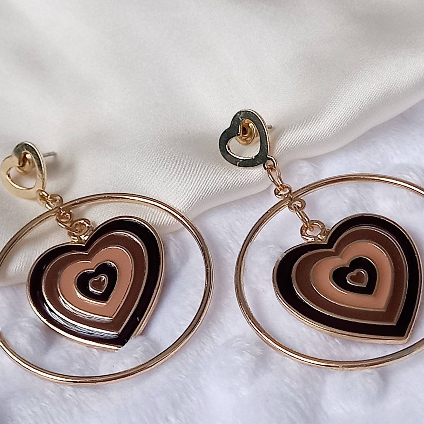 Brown & Gold Retro Heart Drop Hoop Earrings -  70's Style Earrings,Vintage Style,Hanging Jewellery,Accessories,Brown Jewellery,Gold Earrings