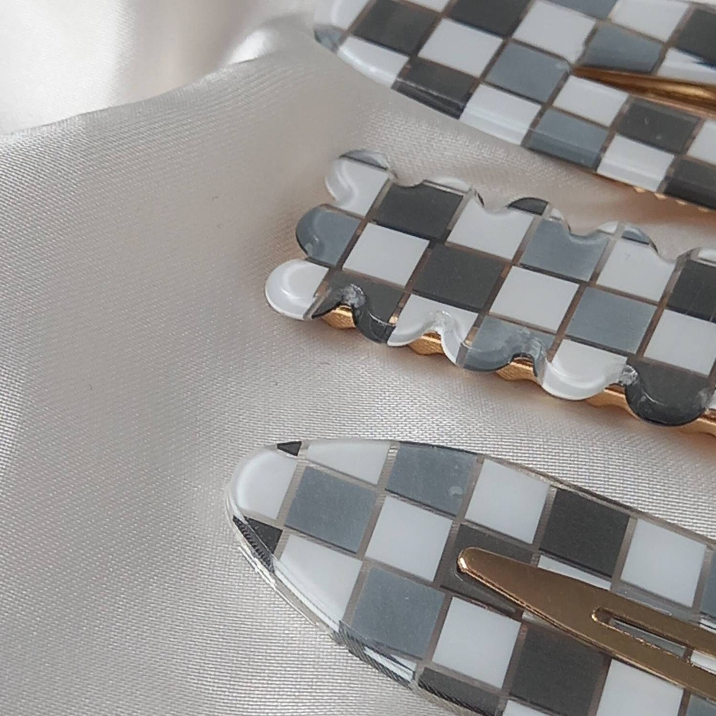 Set of 4 Retro Hair Clips - Grey Hair Clip, Funky Hair Accessories, 70's Accessories, Chequered Hair Clips, Grey Hair Slides