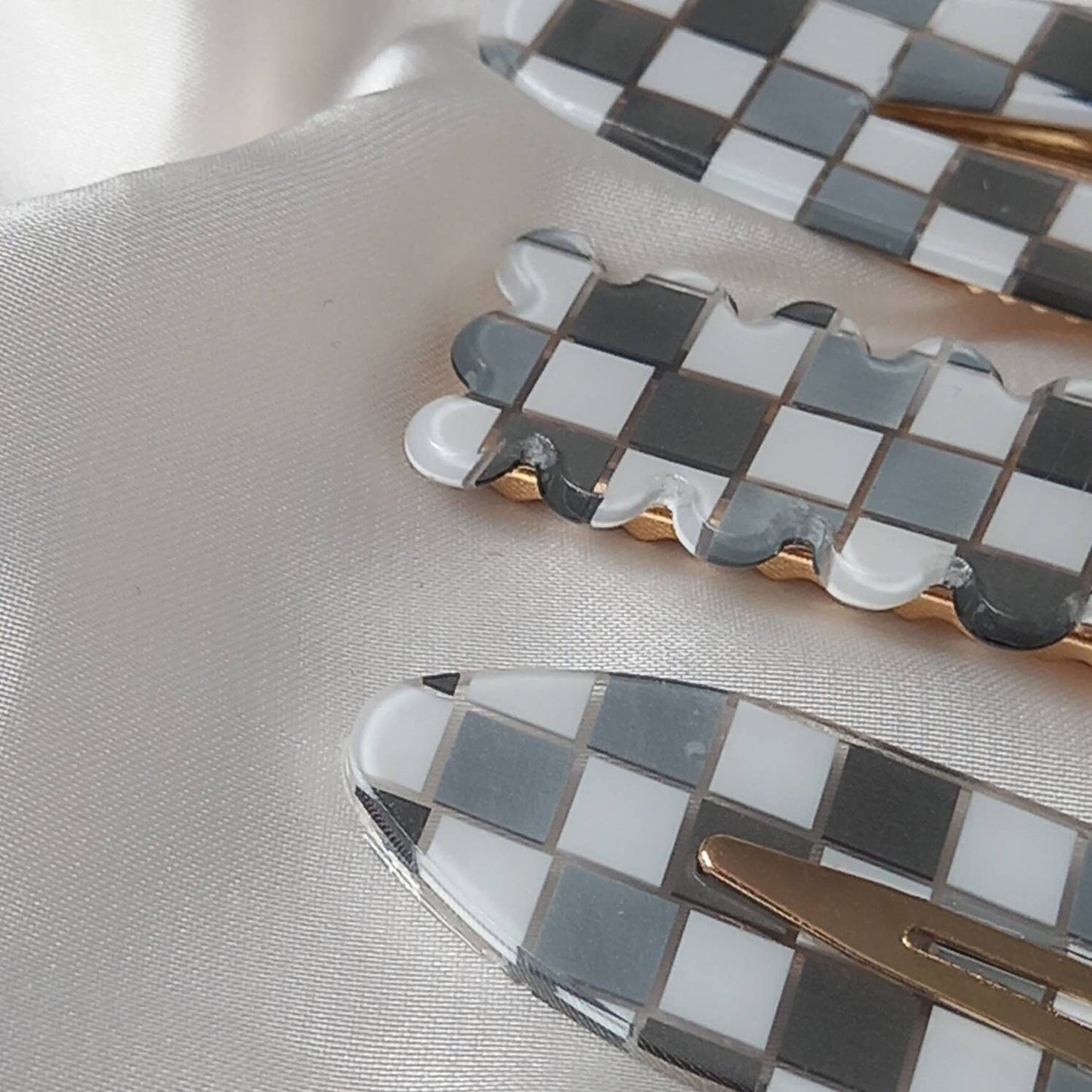 Set of 4 Retro Hair Clips - Grey Hair Clip, Funky Hair Accessories, 70's Accessories, Chequered Hair Clips, Grey Hair Slides