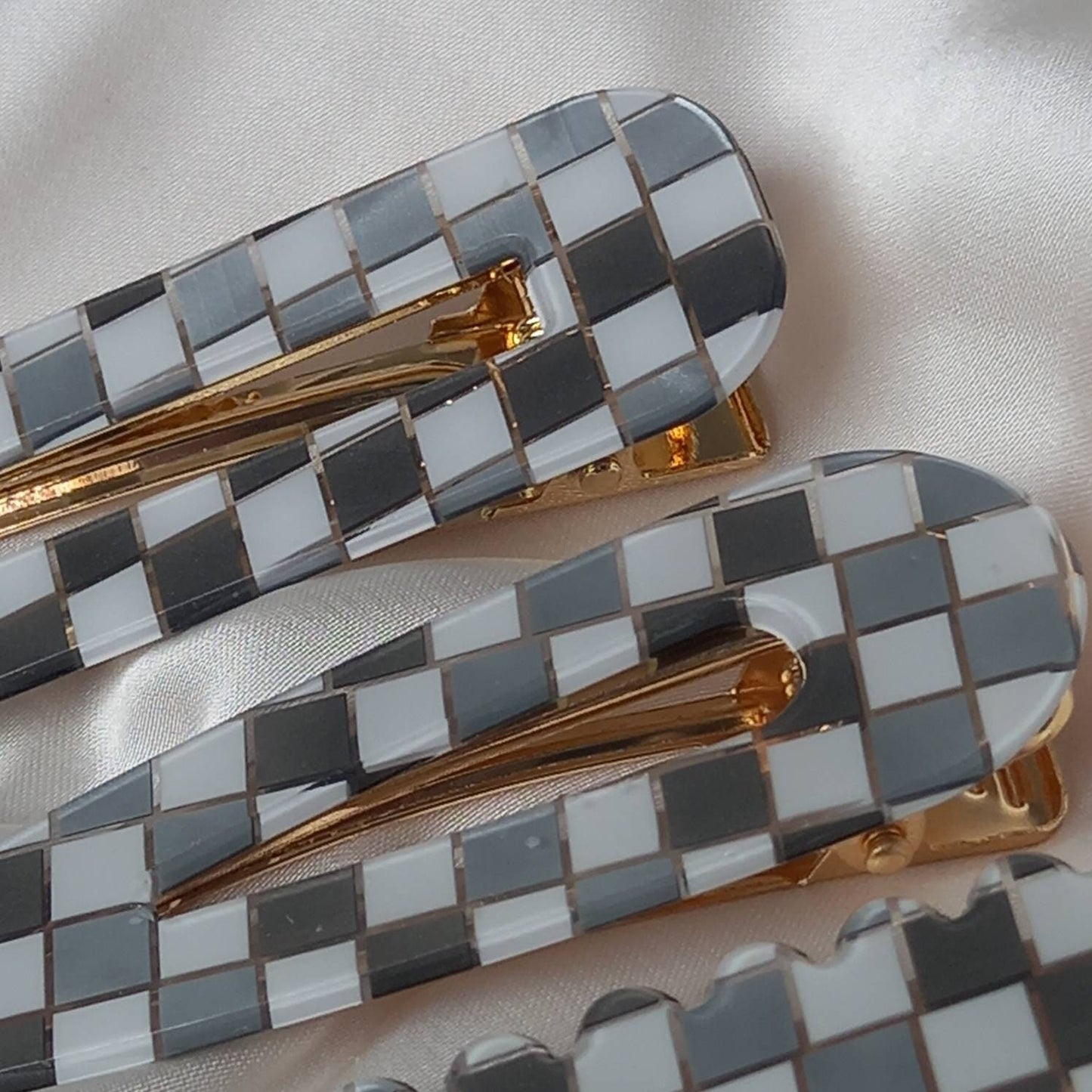 Set of 4 Retro Hair Clips - Grey Hair Clip, Funky Hair Accessories, 70's Accessories, Chequered Hair Clips, Grey Hair Slides