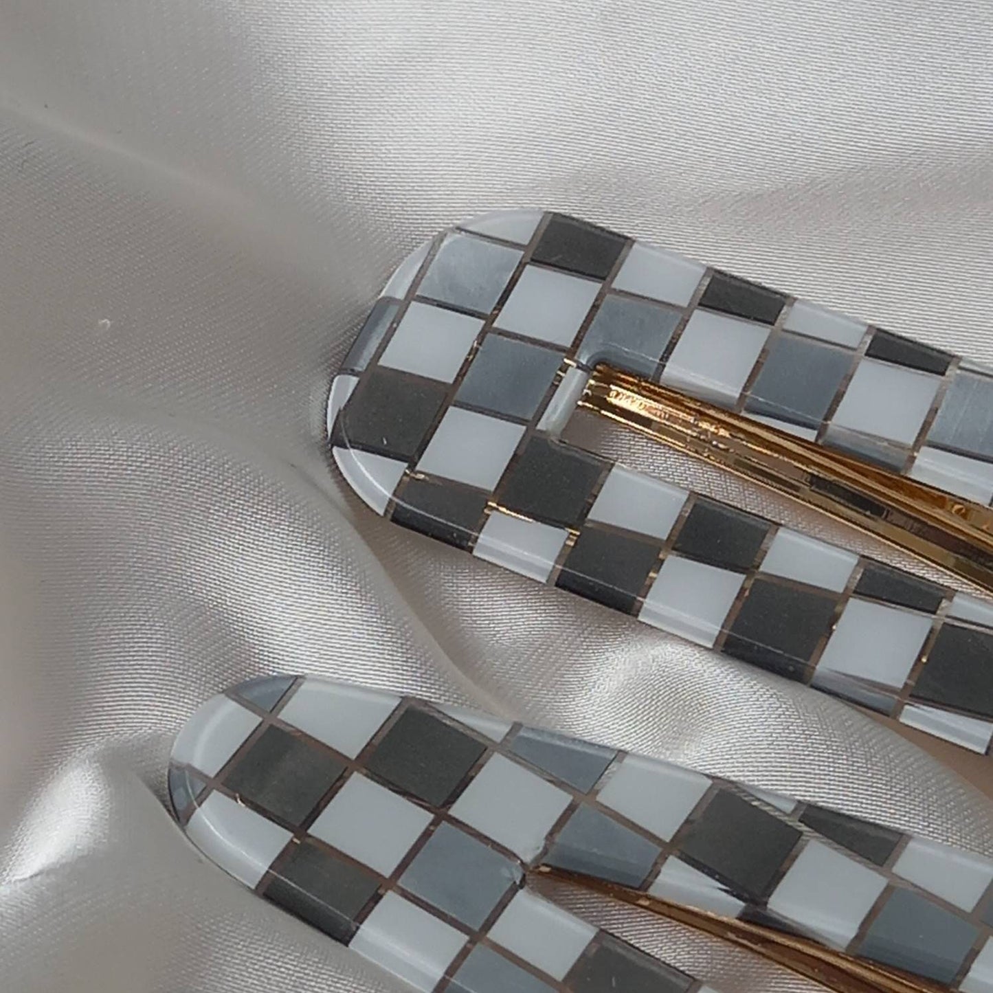 Set of 4 Retro Hair Clips - Grey Hair Clip, Funky Hair Accessories, 70's Accessories, Chequered Hair Clips, Grey Hair Slides