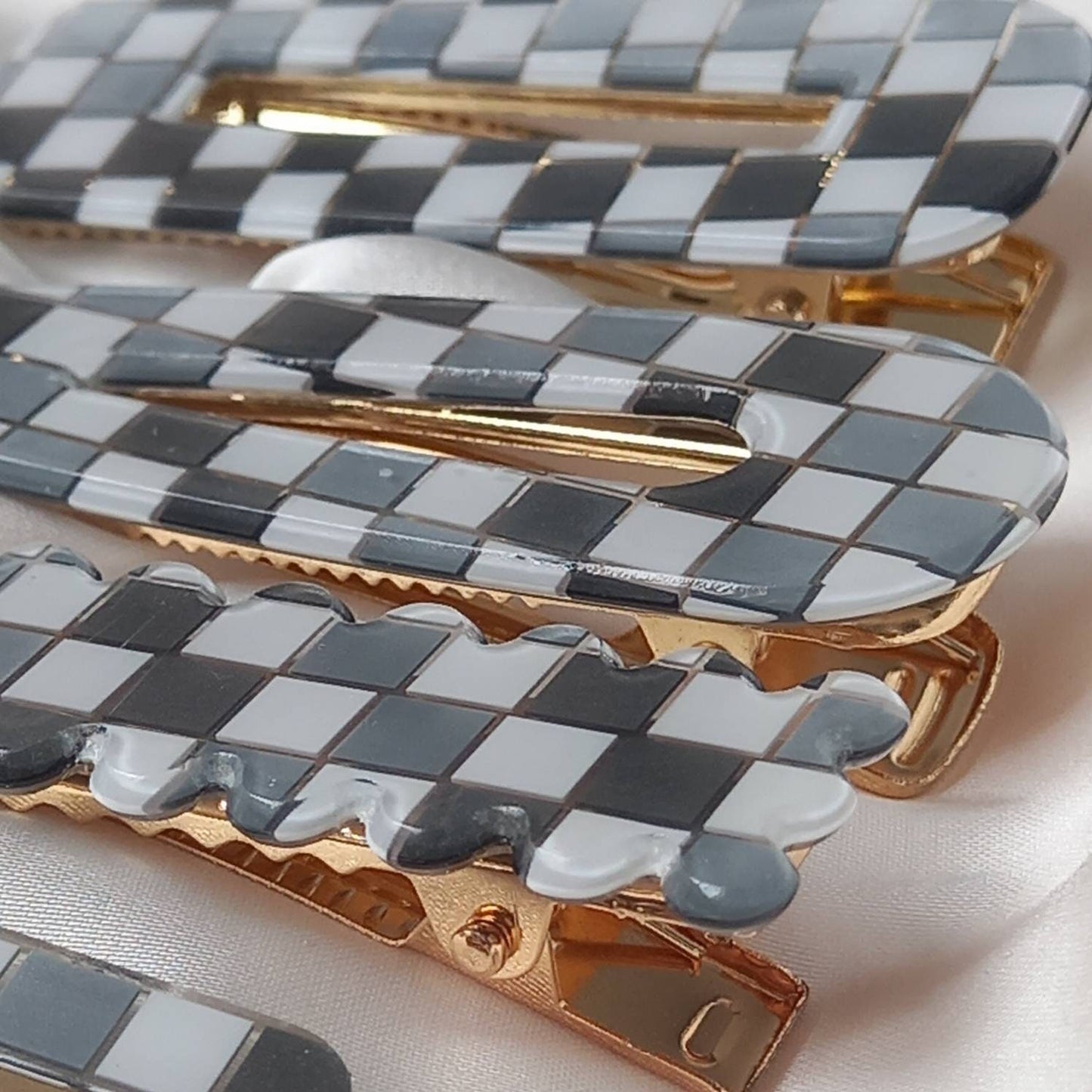 Set of 4 Retro Hair Clips - Grey Hair Clip, Funky Hair Accessories, 70's Accessories, Chequered Hair Clips, Grey Hair Slides