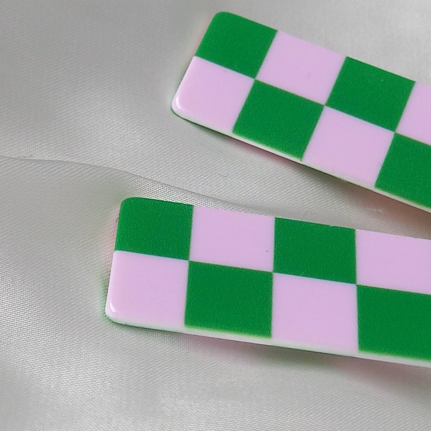 Set of 2 Retro Hair Clips - Pink & Green Hair Clip, Funky Hair Accessories, Chequered Hair Clips, 70's Accessories, Minimalistic Hair Clips