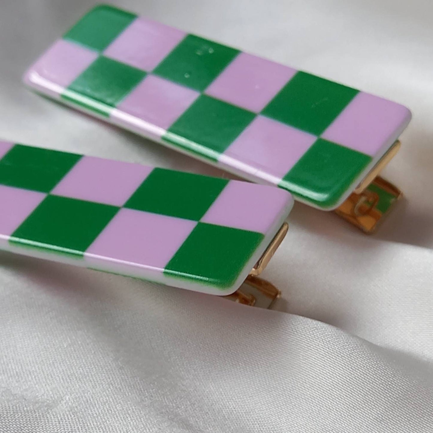 Set of 2 Retro Hair Clips - Pink & Green Hair Clip, Funky Hair Accessories, Chequered Hair Clips, 70's Accessories, Minimalistic Hair Clips