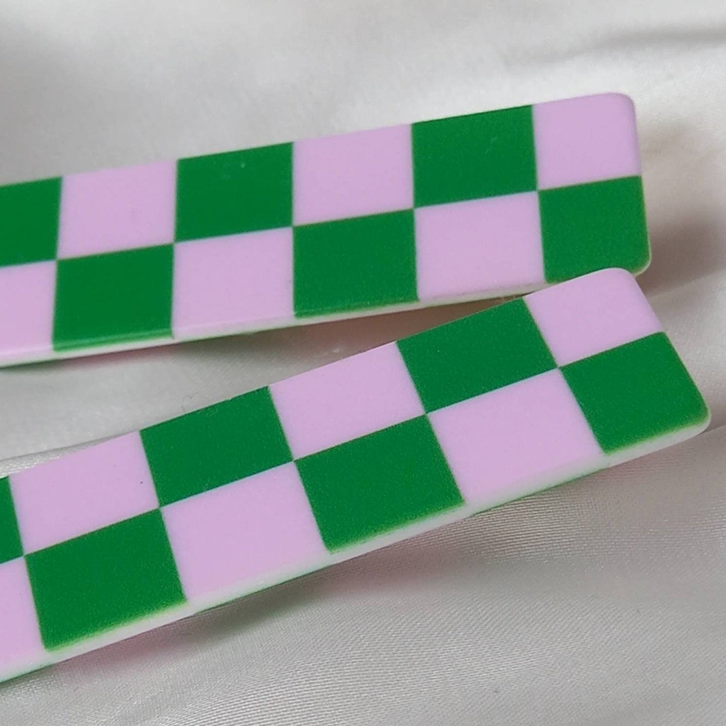 Set of 2 Retro Hair Clips - Pink & Green Hair Clip, Funky Hair Accessories, Chequered Hair Clips, 70's Accessories, Minimalistic Hair Clips