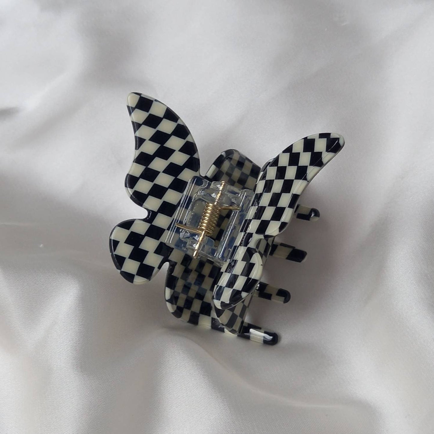 Black & White Retro Butterfly Hair Clip - Black Hair Clip, Funky Hair Clip, 70's Accessories, Checkered Hair Clips In The UK
