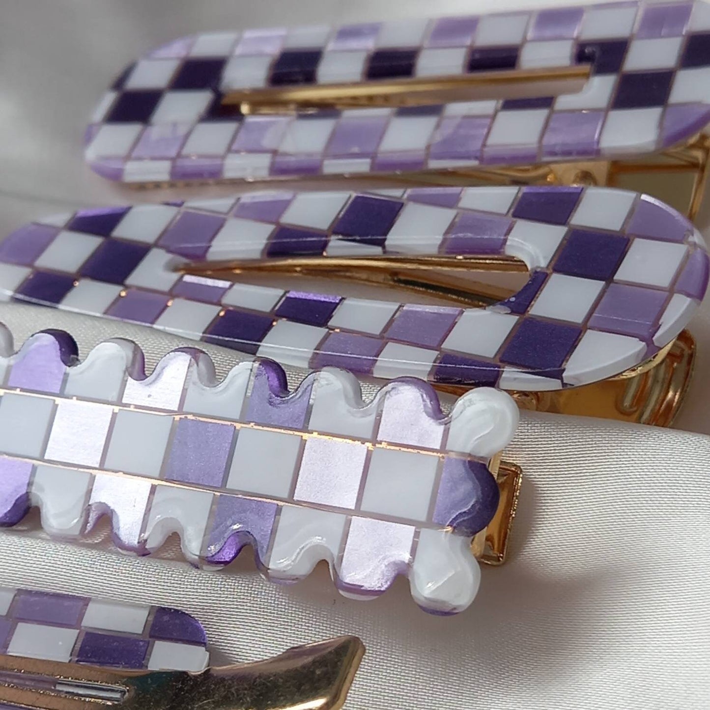 Set of 4 Retro Hair Clips - Purple Hair Clip, Funky Hair Accessories, 70's Accessories, Chequered Hair Clips, Purple Hair Slides