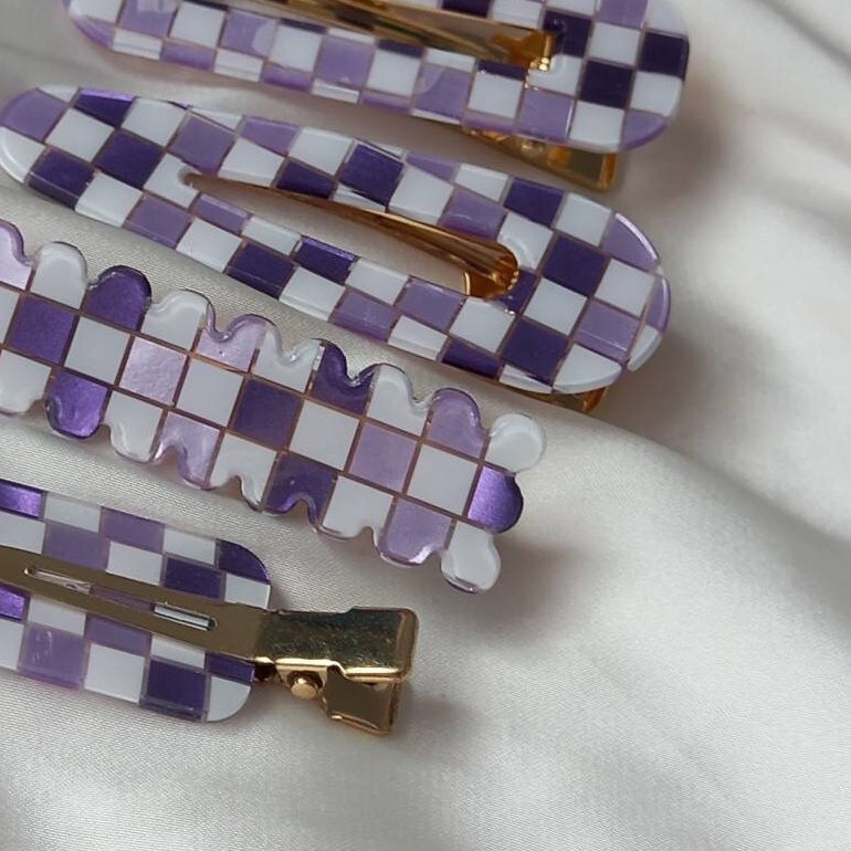 Set of 4 Retro Hair Clips - Purple Hair Clip, Funky Hair Accessories, 70's Accessories, Chequered Hair Clips, Purple Hair Slides