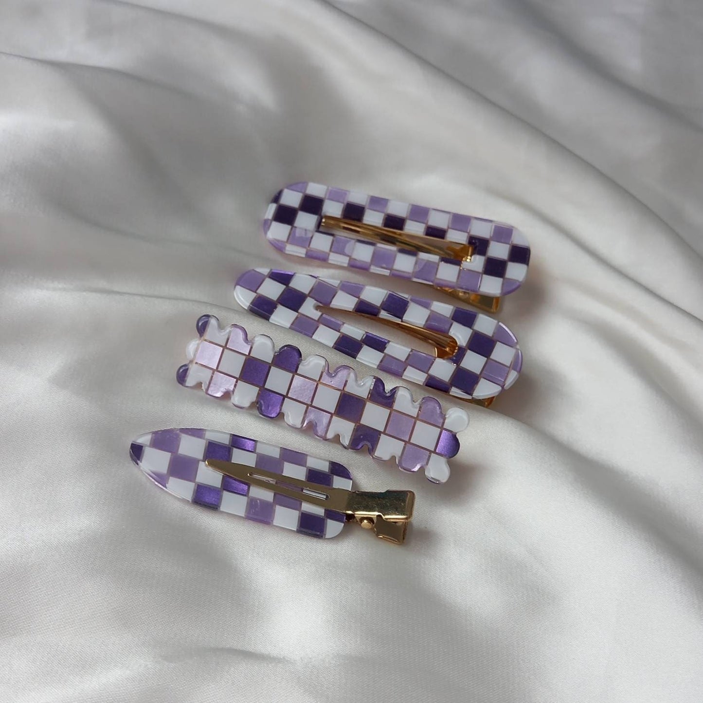 Set of 4 Retro Hair Clips - Purple Hair Clip, Funky Hair Accessories, 70's Accessories, Chequered Hair Clips, Purple Hair Slides