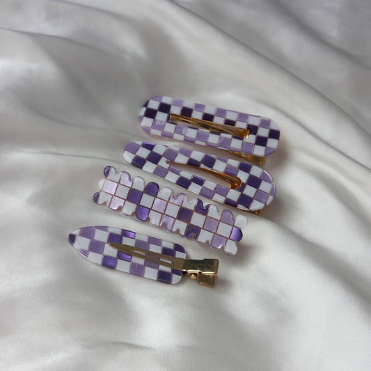 Set of 4 Retro Hair Clips - Purple Hair Clip, Funky Hair Accessories, 70's Accessories, Chequered Hair Clips, Purple Hair Slides