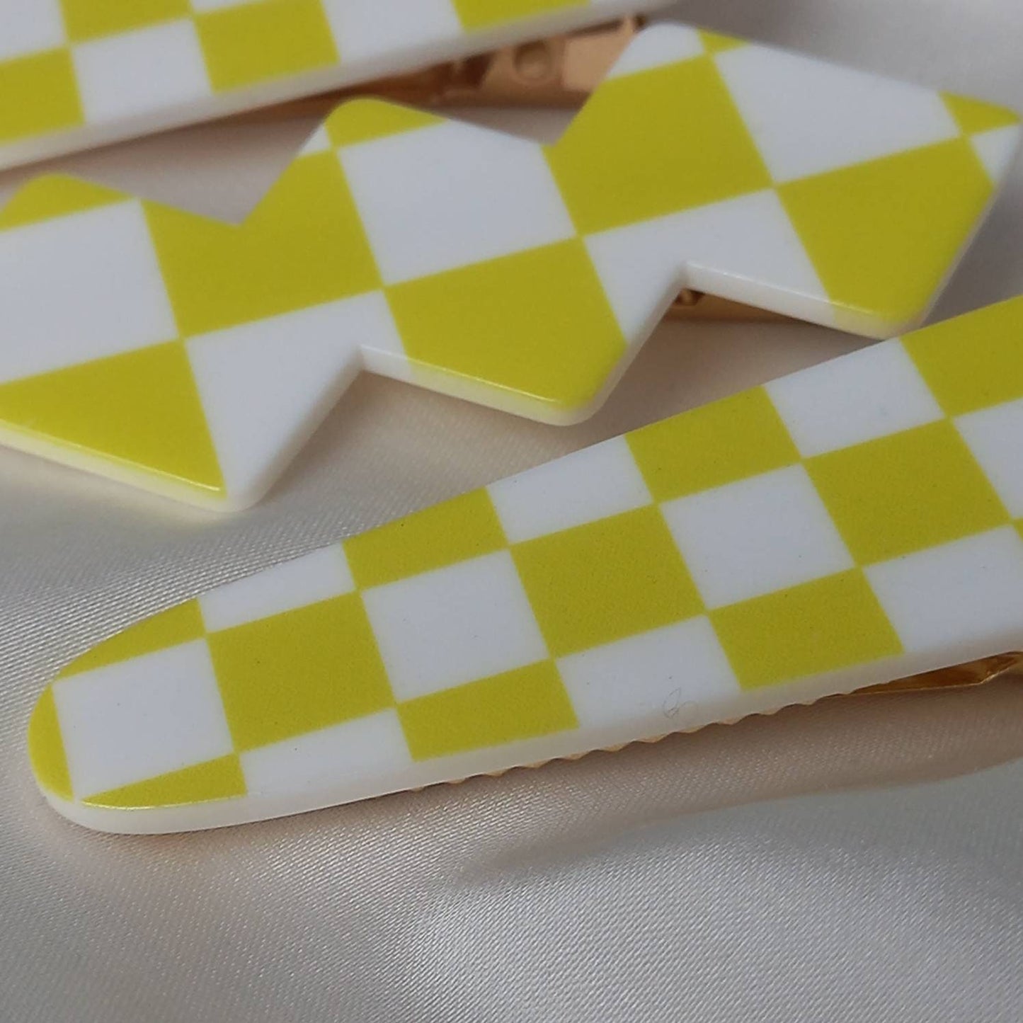 Set of 3 Chequered Hair Clips - Yellow & White Hair Clip, Funky Hair Accessories, Chequered Hair Clips, 70's Accessories, Minimalistic