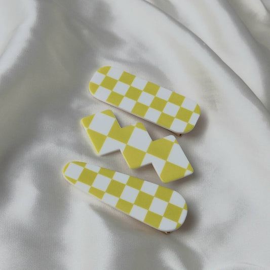 Set of 3 Chequered Hair Clips - Yellow & White Hair Clip, Funky Hair Accessories, Chequered Hair Clips, 70's Accessories, Minimalistic