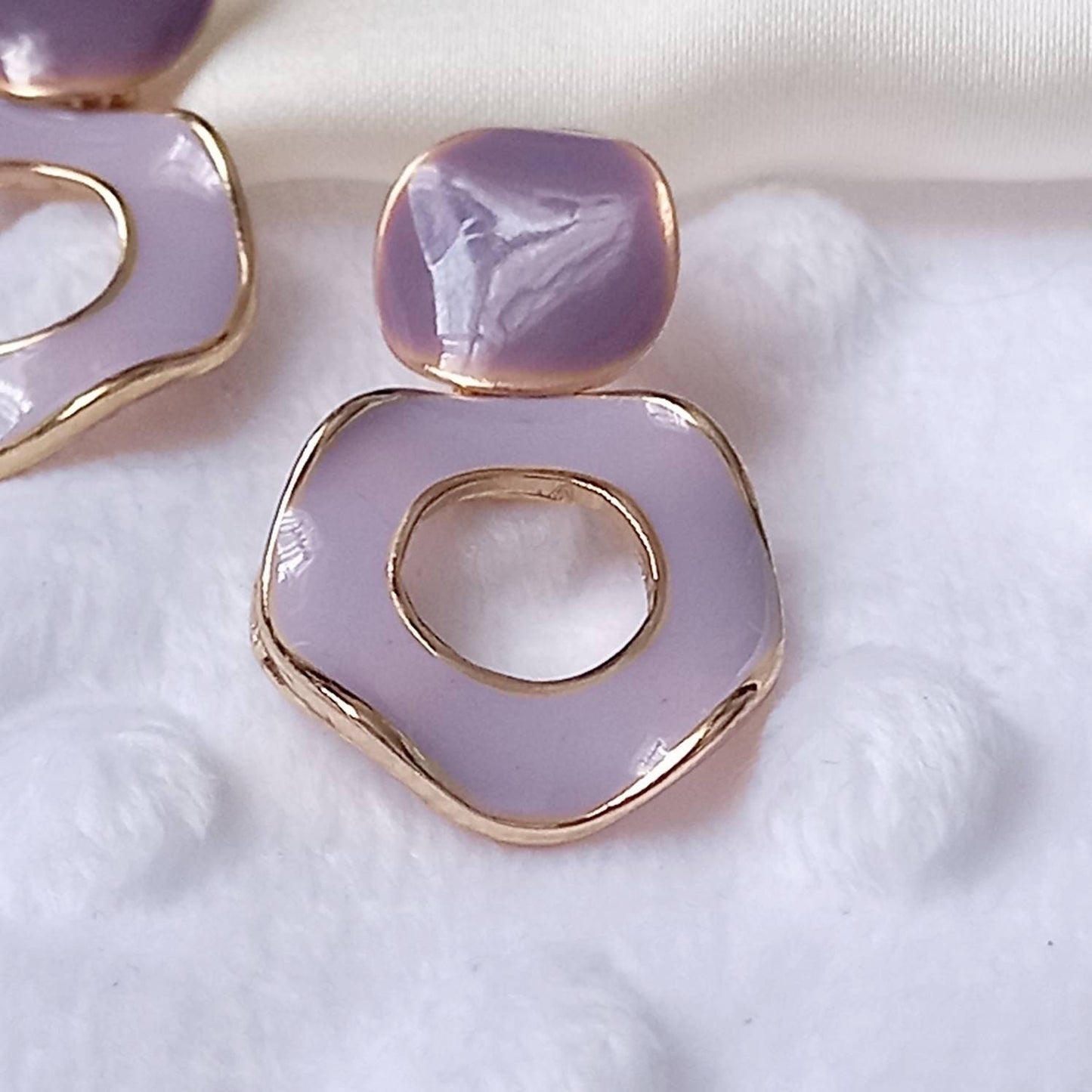 Purple & Gold Retro Drop Earrings -  Round Earrings, Purple Earrings In The UK,Gold Earrings In The UK, Purple Jewellery, Lilac Earrings