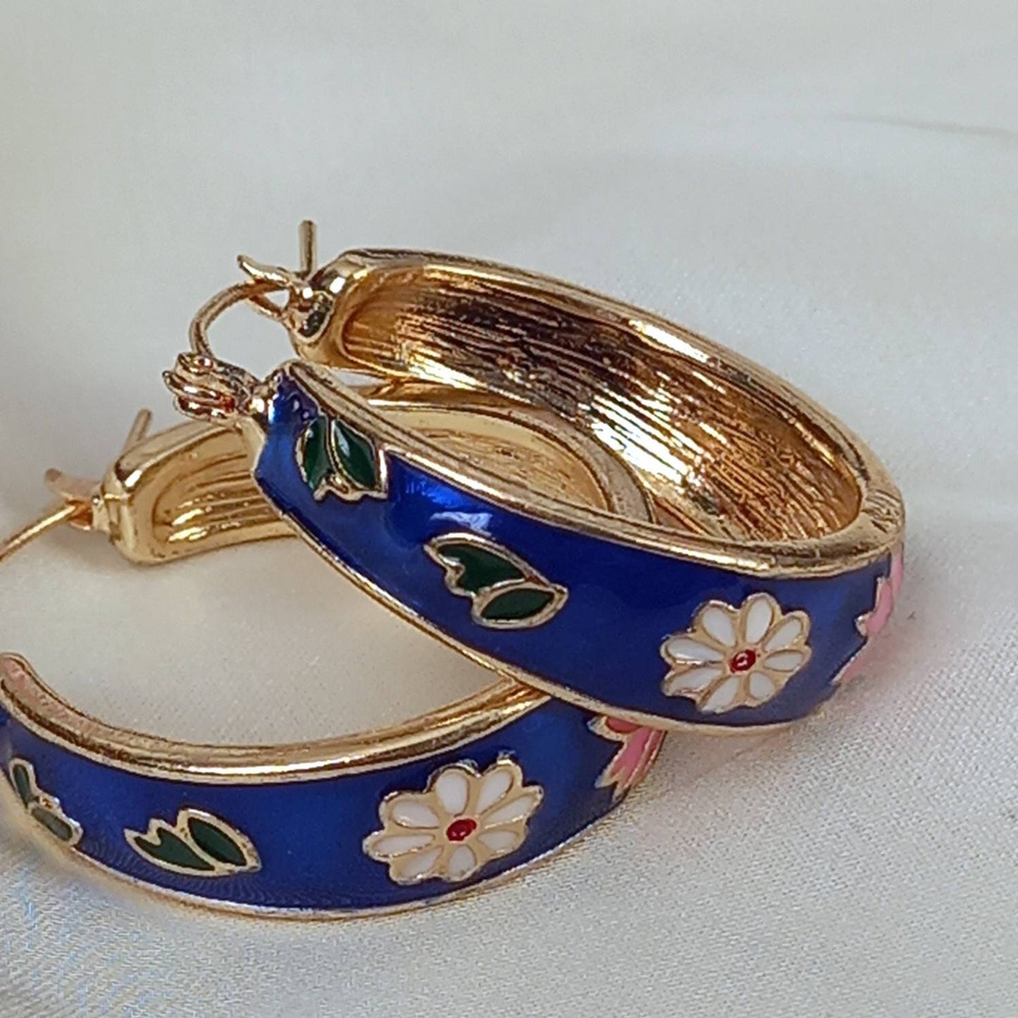 Blue Flower Hoop Earrings - Hanging Jewellery, Accessories, Flower Earrings, Flower Jewlellery, Vintage Style Earrings,Pink Flower Earrings