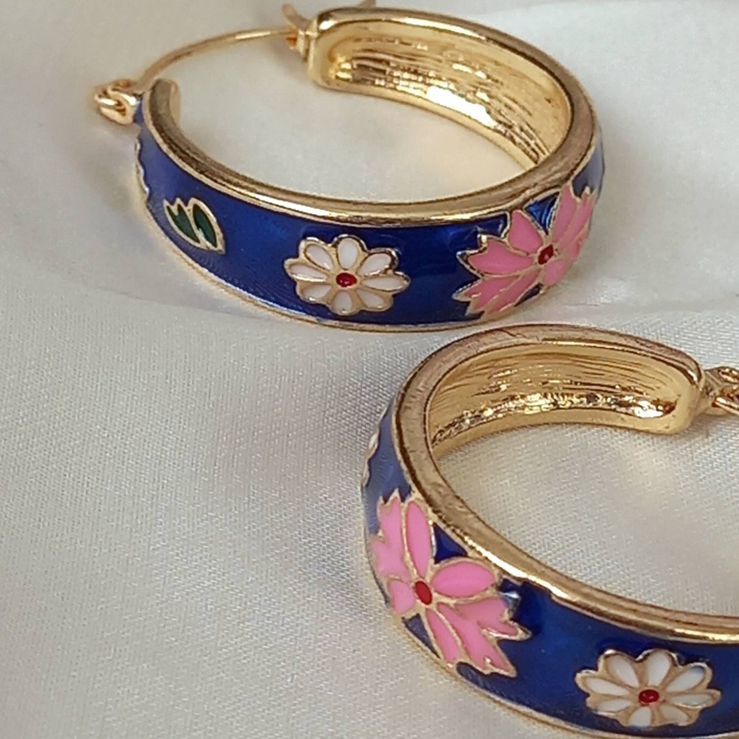 Blue Flower Hoop Earrings - Hanging Jewellery, Accessories, Flower Earrings, Flower Jewlellery, Vintage Style Earrings,Pink Flower Earrings