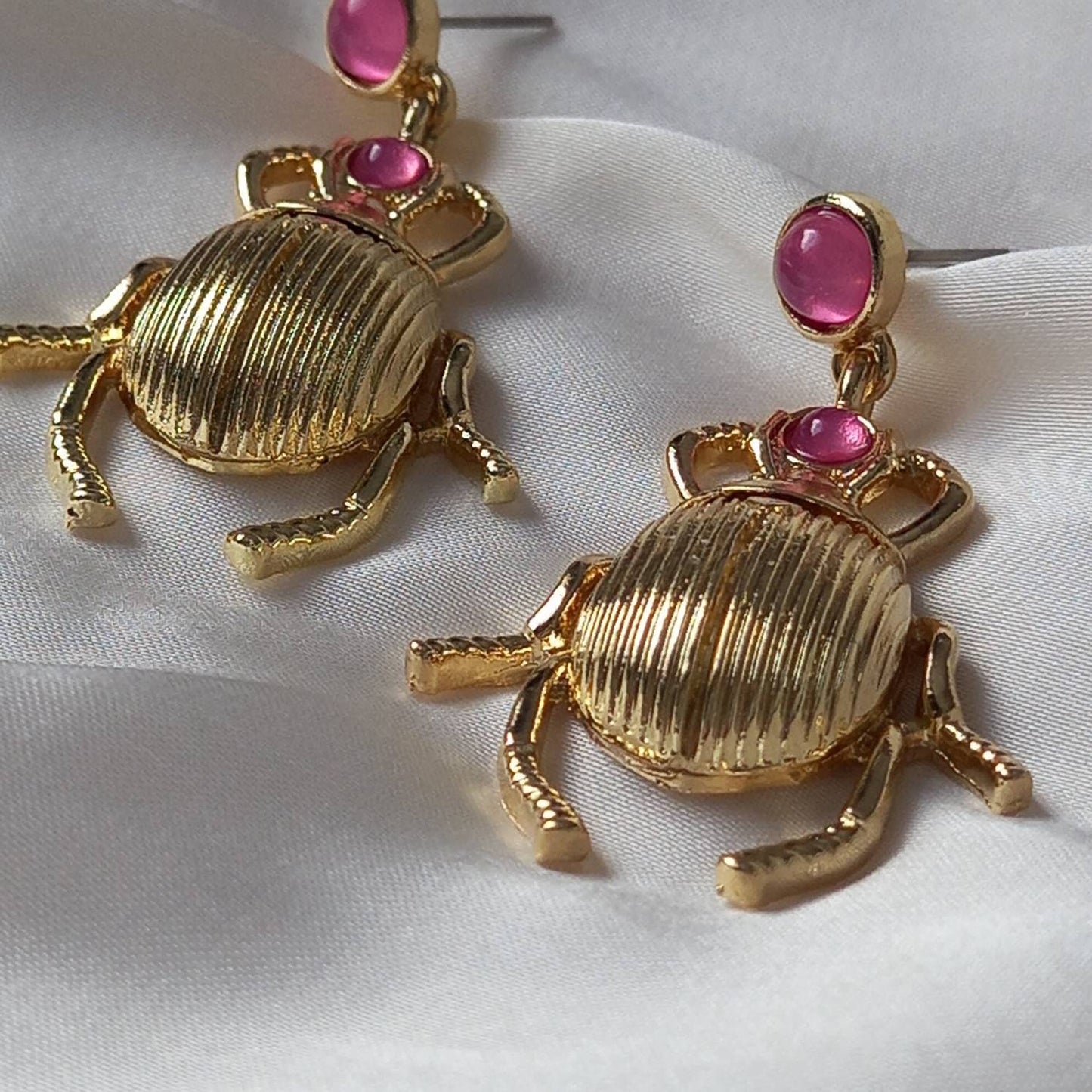 Pink & Gold Insect Drop Earrings -  Pink Bug Earrings, Insect Jewellery, Hanging Jewellery, Gold Accessories,Gold Jewellery,Gold Earrings