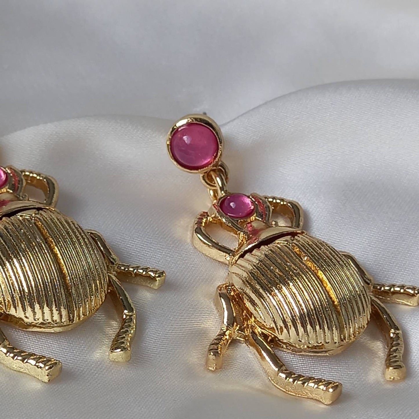 Pink & Gold Insect Drop Earrings -  Pink Bug Earrings, Insect Jewellery, Hanging Jewellery, Gold Accessories,Gold Jewellery,Gold Earrings