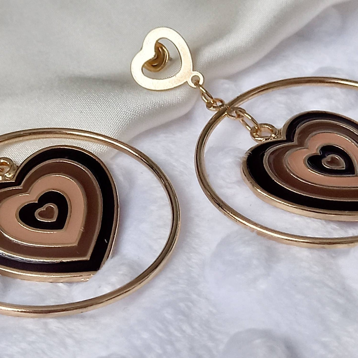 Brown & Gold Retro Heart Drop Hoop Earrings -  70's Style Earrings,Vintage Style,Hanging Jewellery,Accessories,Brown Jewellery,Gold Earrings