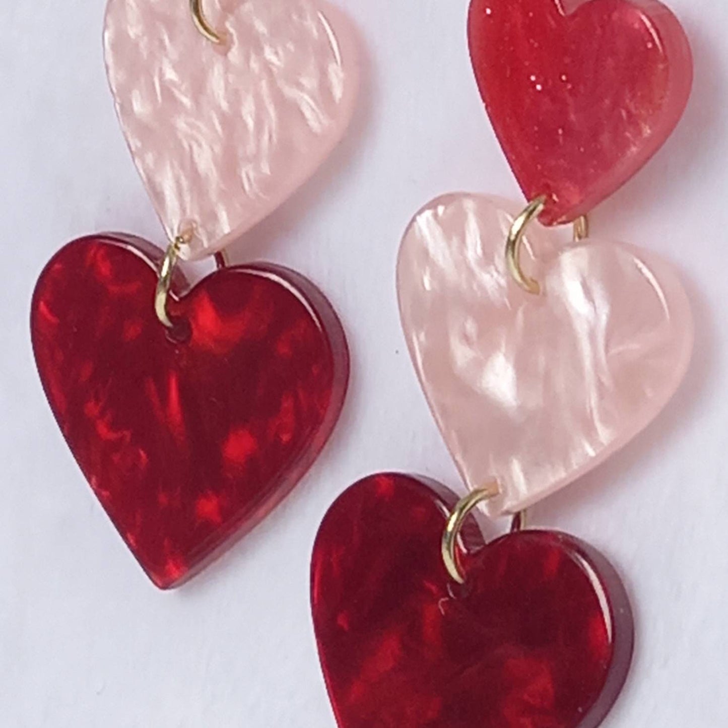 Pink & Red Retro Heart Drop Earrings -  70's Style Earrings, Vintage Style, Hanging Jewellery,Accessories,Pink Jewellery,Gold Earrings