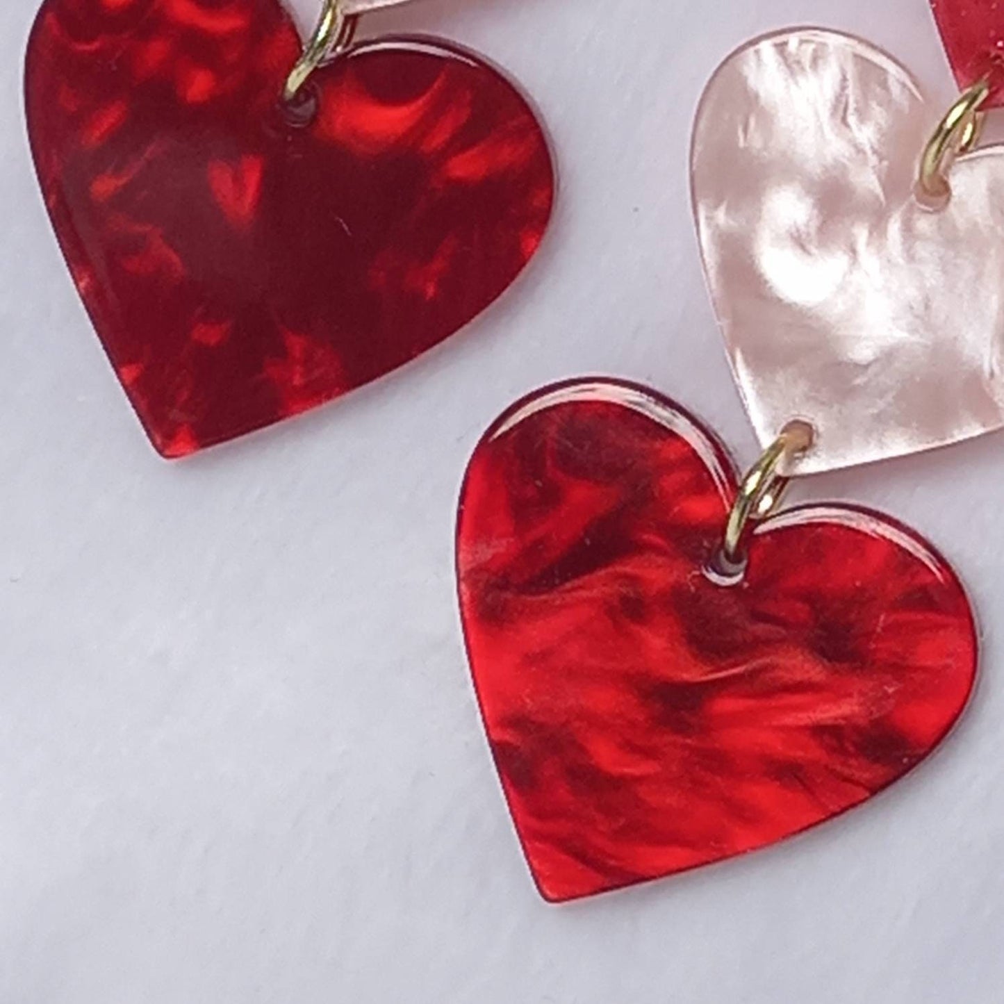 Pink & Red Retro Heart Drop Earrings -  70's Style Earrings, Vintage Style, Hanging Jewellery,Accessories,Pink Jewellery,Gold Earrings