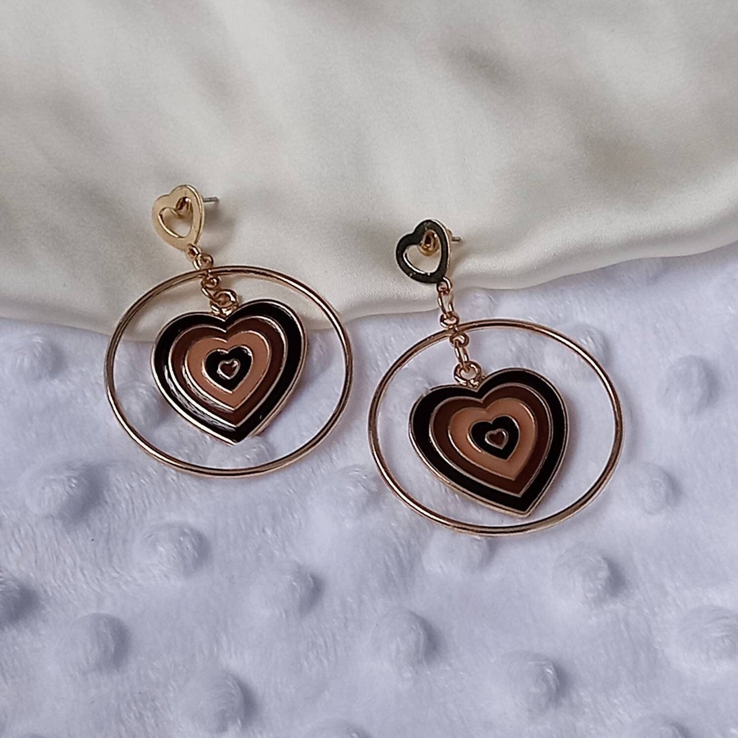 Brown & Gold Retro Heart Drop Hoop Earrings -  70's Style Earrings,Vintage Style,Hanging Jewellery,Accessories,Brown Jewellery,Gold Earrings