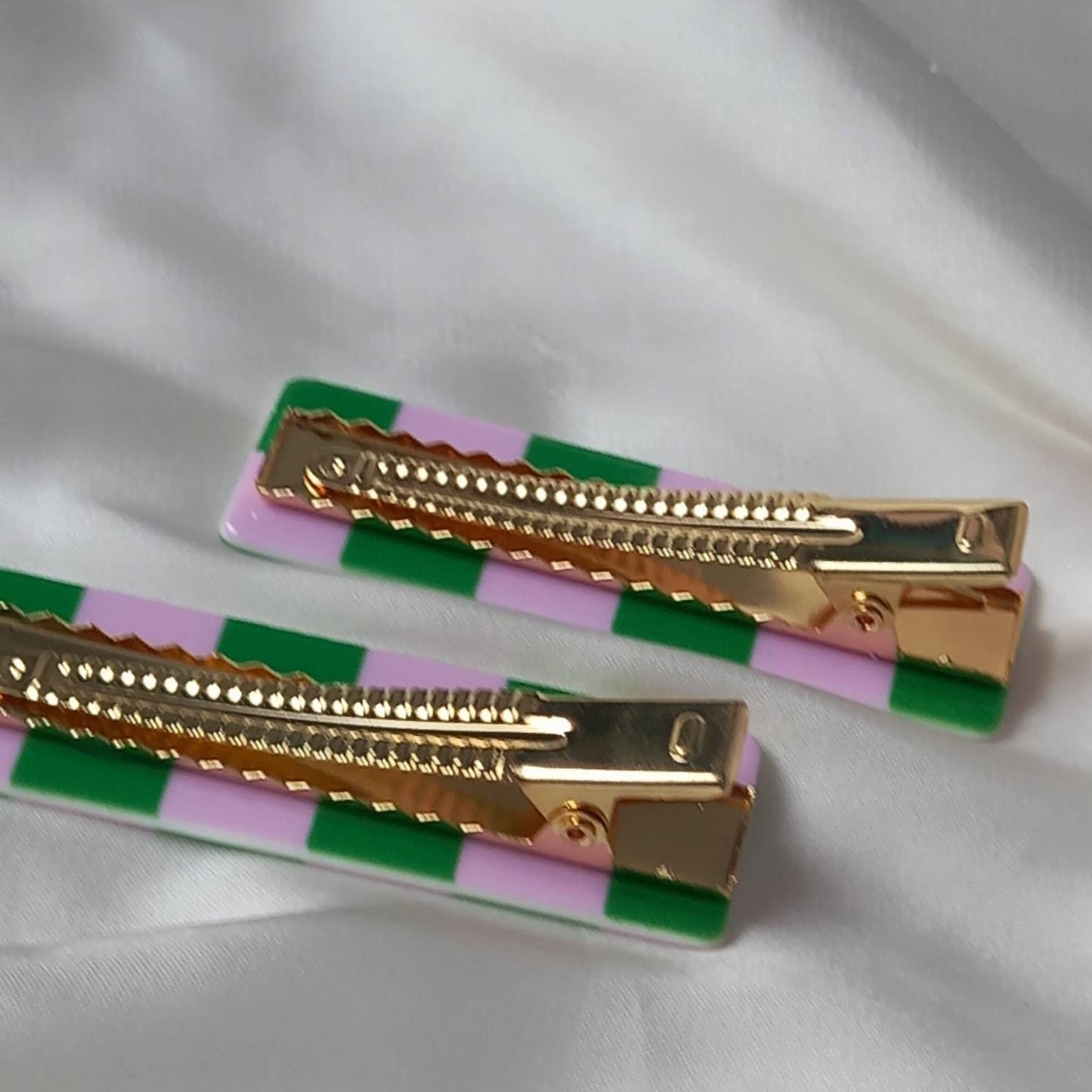 Set of 2 Retro Hair Clips - Pink & Green Hair Clip, Funky Hair Accessories, Chequered Hair Clips, 70's Accessories, Minimalistic Hair Clips