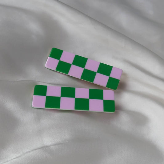Set of 2 Retro Hair Clips - Pink & Green Hair Clip, Funky Hair Accessories, Chequered Hair Clips, 70's Accessories, Minimalistic Hair Clips