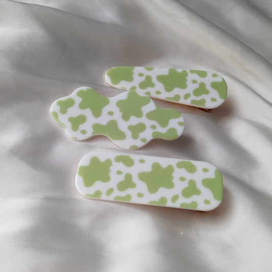 Set of 3 Green Cow Print Hair Clips - Hair Clip, Funky Hair Accessories, Cow Print Accessories, Fashion Acessories, Minimalistic Hair Clips