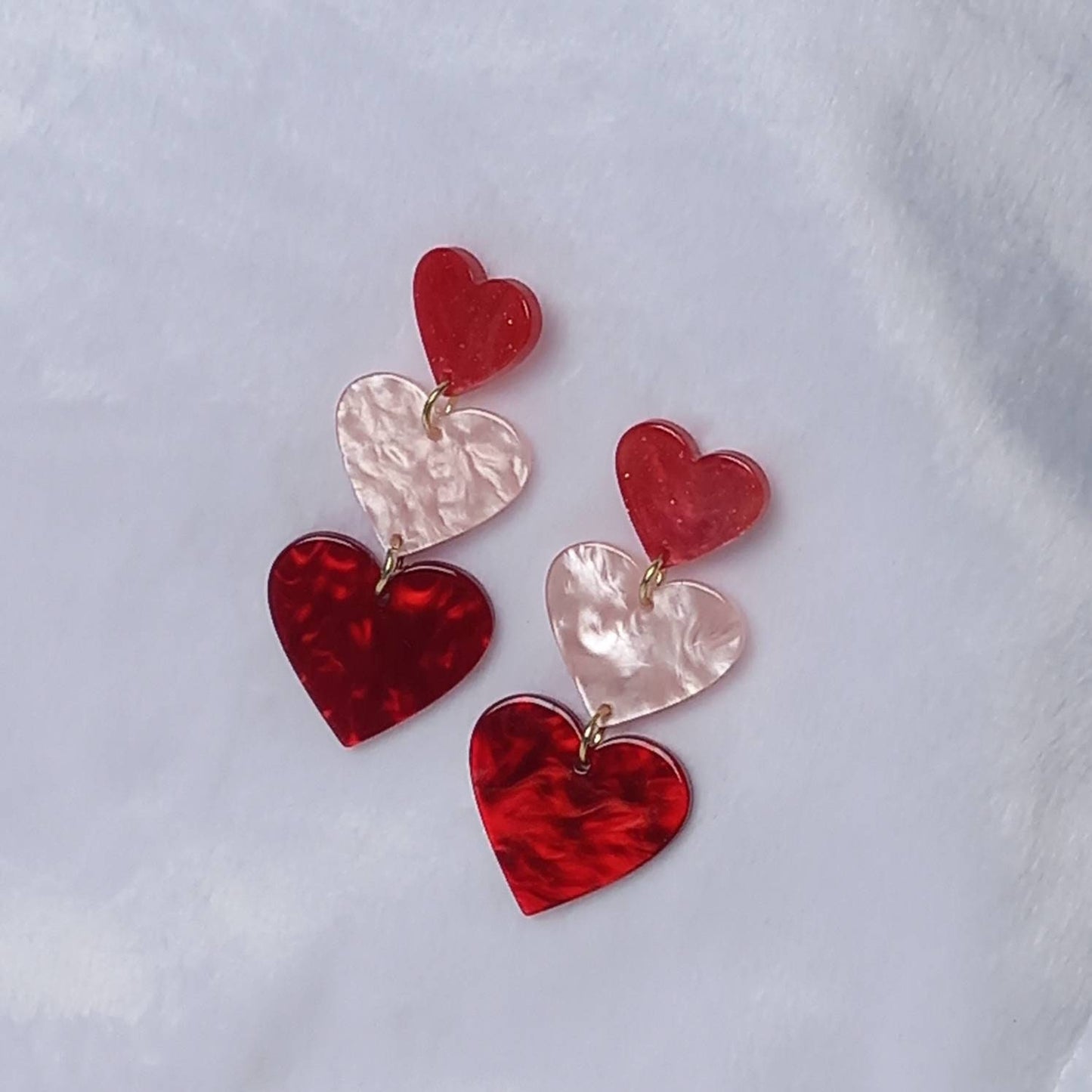 Pink & Red Retro Heart Drop Earrings -  70's Style Earrings, Vintage Style, Hanging Jewellery,Accessories,Pink Jewellery,Gold Earrings