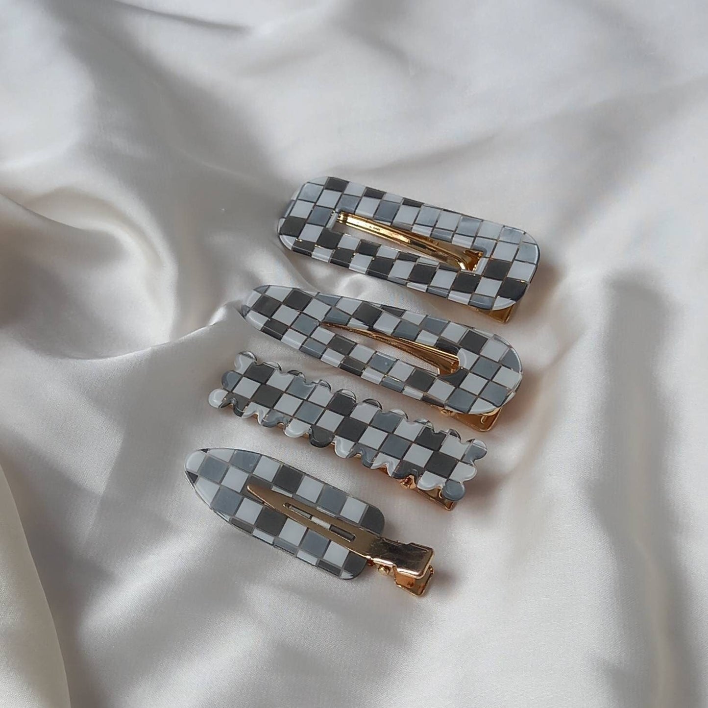Set of 4 Retro Hair Clips - Grey Hair Clip, Funky Hair Accessories, 70's Accessories, Chequered Hair Clips, Grey Hair Slides