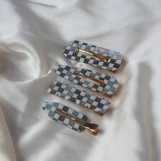 Set of 4 Retro Hair Clips - Grey Hair Clip, Funky Hair Accessories, 70's Accessories, Chequered Hair Clips, Grey Hair Slides