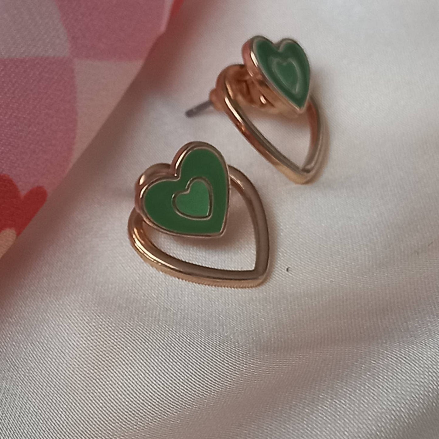 Green & Gold Retro Heart Stud Earrings -  Green Heart Earrings, 70's Style Earrings, Vintage Style, Green Jewellery, Gold Earrings In The Uk