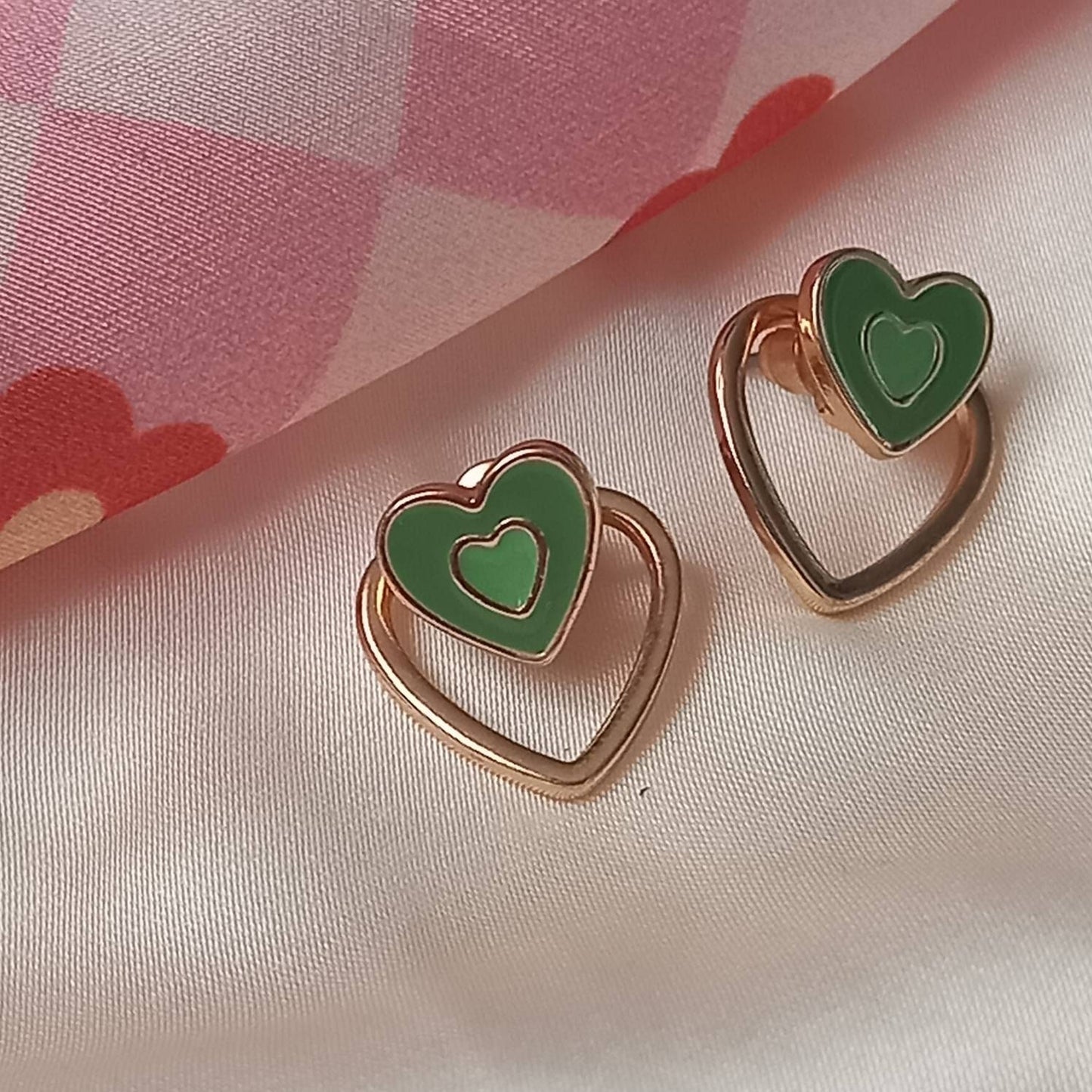 Green & Gold Retro Heart Stud Earrings -  Green Heart Earrings, 70's Style Earrings, Vintage Style, Green Jewellery, Gold Earrings In The Uk