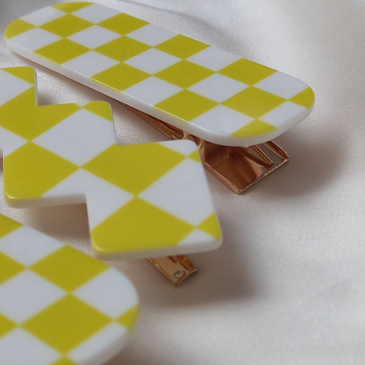Set of 3 Chequered Hair Clips - Yellow & White Hair Clip, Funky Hair Accessories, Chequered Hair Clips, 70's Accessories, Minimalistic