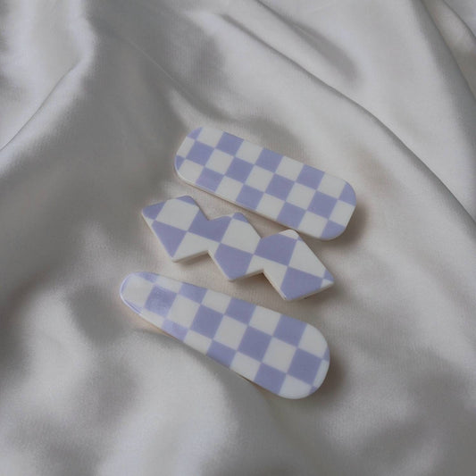Set of 3 Chequered Hair Clips - Purple & White Hair Clip, Funky Hair Accessories, Chequered Hair Clips, 70's Accessories, Minimalistic