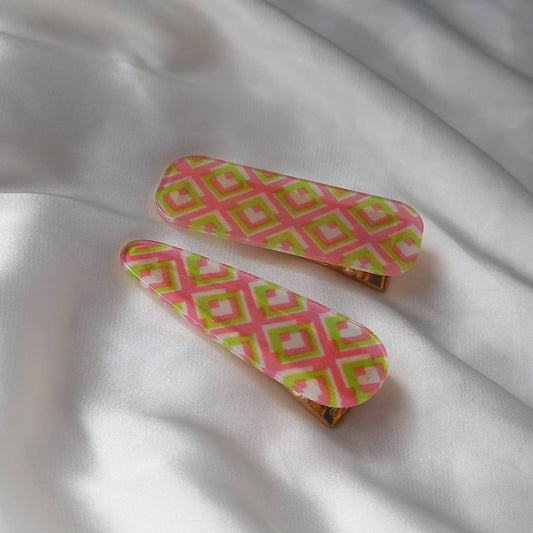Set of 2 Retro Hair Clips - Pink & Green Hair Clip, Funky Hair Accessories, Geometric Hair Clips, 70's Accessories, Minimalistic Hair Clips