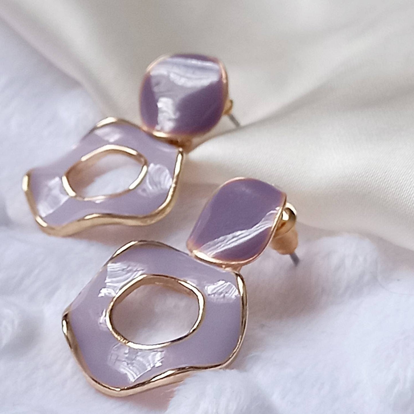 Purple & Gold Retro Drop Earrings -  Round Earrings, Purple Earrings In The UK,Gold Earrings In The UK, Purple Jewellery, Lilac Earrings