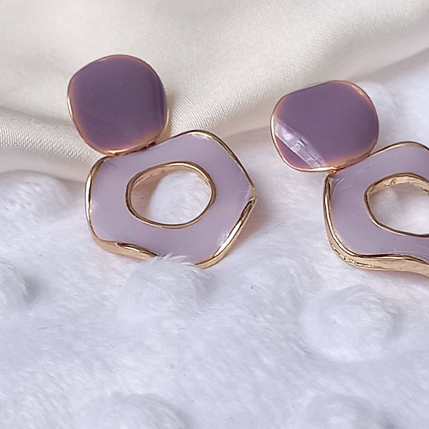 Purple & Gold Retro Drop Earrings -  Round Earrings, Purple Earrings In The UK,Gold Earrings In The UK, Purple Jewellery, Lilac Earrings
