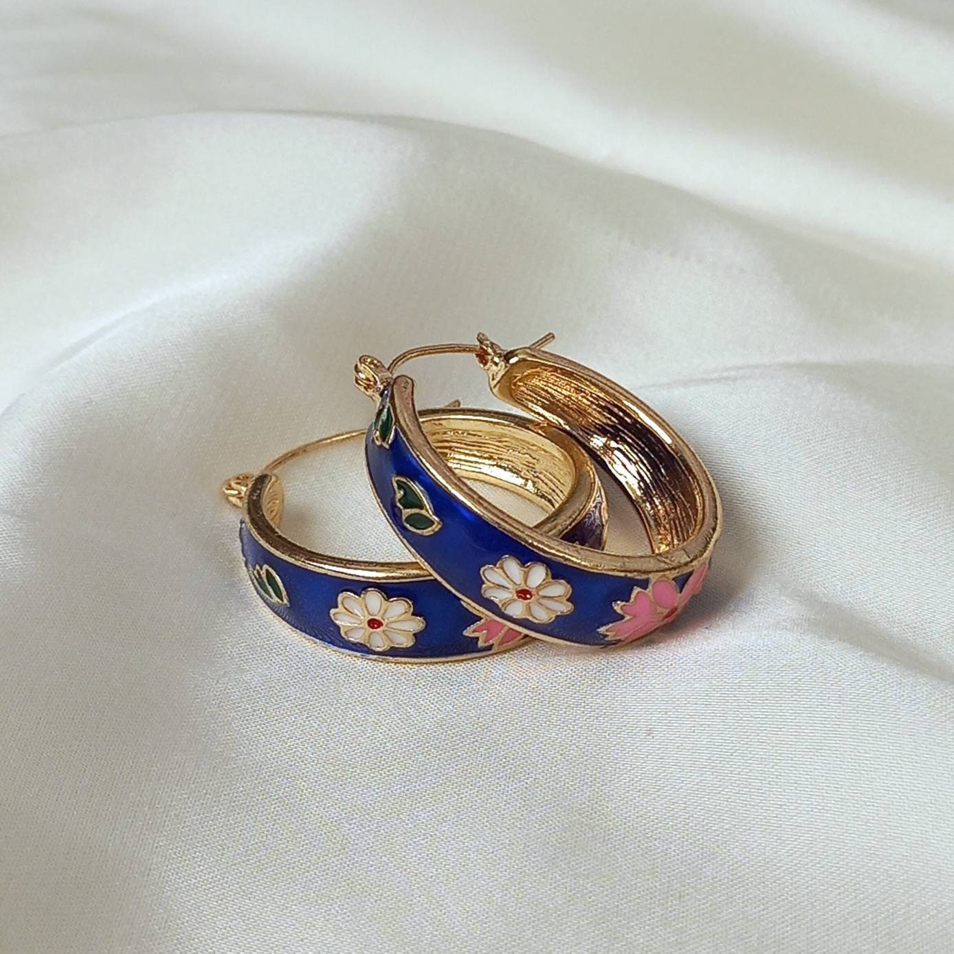 Blue Flower Hoop Earrings - Hanging Jewellery, Accessories, Flower Earrings, Flower Jewlellery, Vintage Style Earrings,Pink Flower Earrings