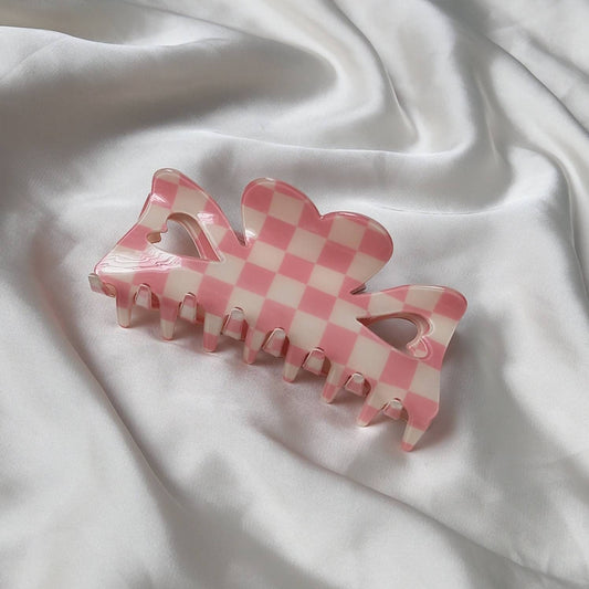 Pink & White Retro Heart Hair Clip - Pink Hair Clip,Funky Hair Clip,70's Accessories,Vintage Style Hair Clip,Checkered Hair Clips In The UK
