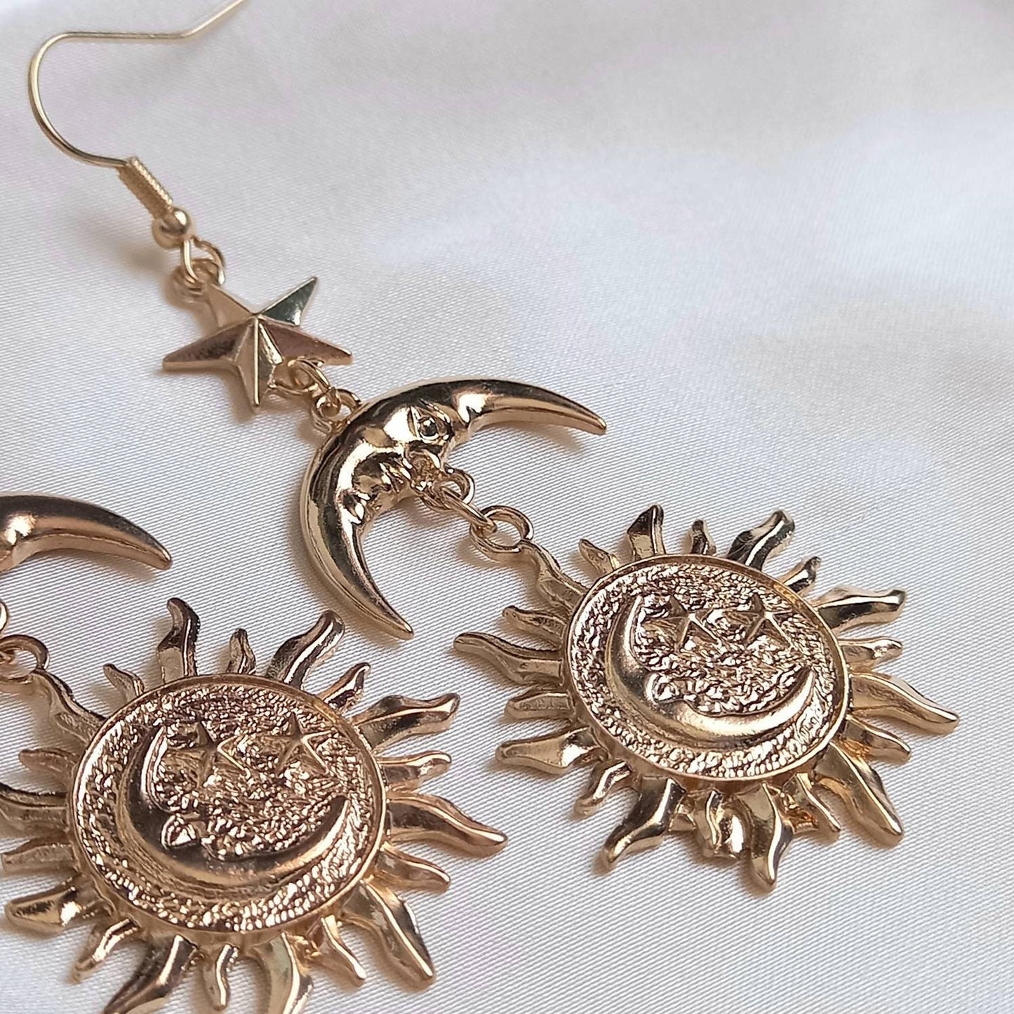 Gold Sun Moon Star Drop Earrings - Lightweight Drop Earrings, Gold Sun Earrings, Moon Earrings, Gold Star Earrings In The UK, Gold Jewellery