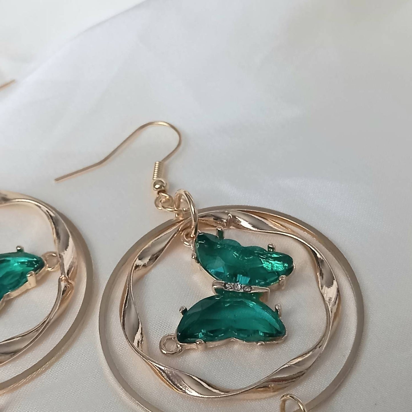 Gold & Green Butterfly Drop Earrings - Green Drop Earrings, Green Butterfly Earrings, Gold Earrings In The UK, Gold Butterfly Jewellery