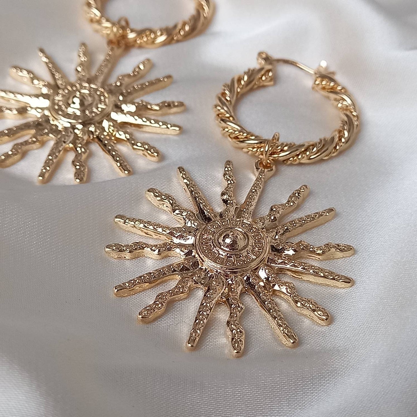 Gold Sun Hoop Earrings - Hoop Earrings,Gold Sun Earrings,Twist Hoops,Large Hoop Earrings,Gold Earrings In The UK,Gold Jewellery In The UK