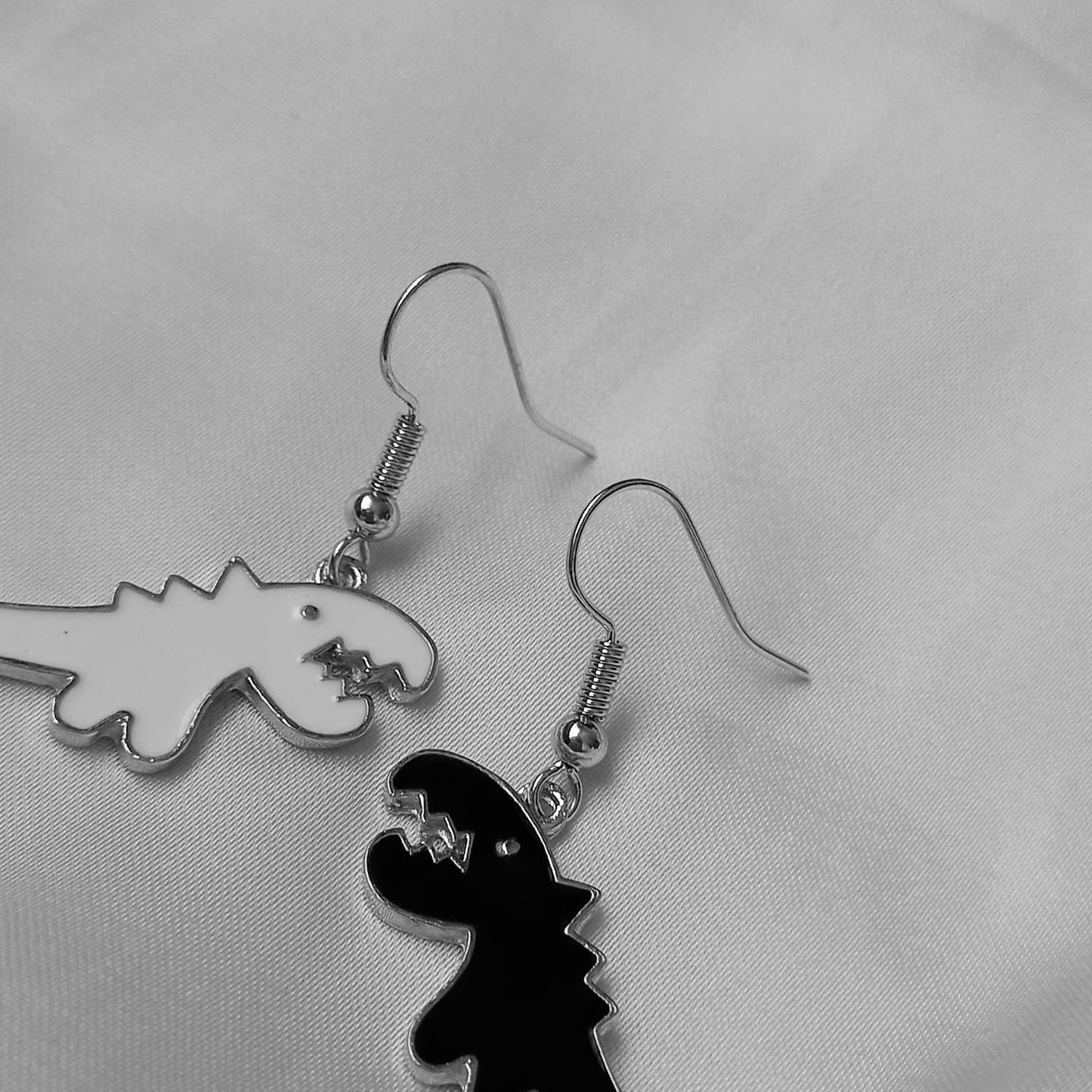 Black & White Dinosaur Drop Earrings - Dinosaur Earrings, Black Drop Earrings, Black Jewellery,Dinosaur Jewellery,Novelty,Funky Jewellery