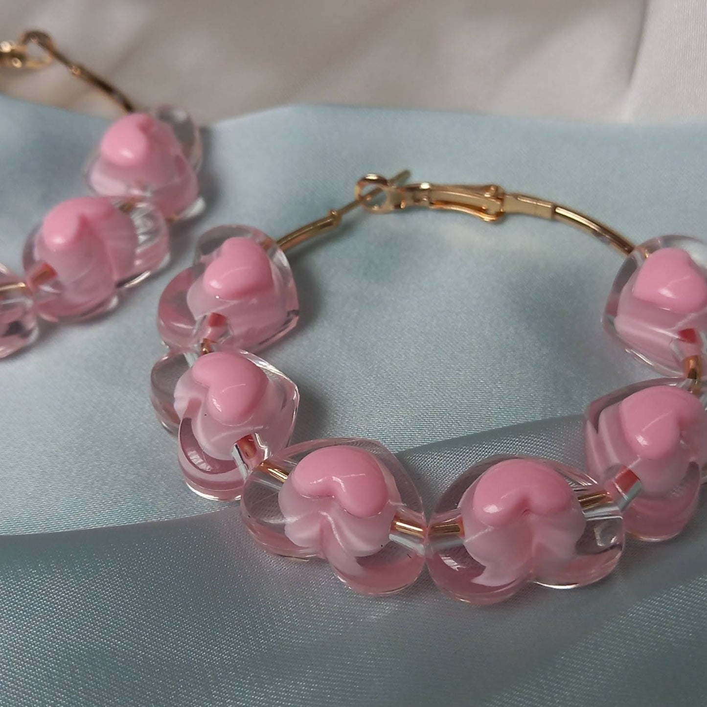 Gold & Pink Heart Hoop Earrings - Pink Bead Hoop Earrings, Pink Heart Earrings, Pink Earrings, Cute Earrings, Gold Earrings, Gold Jewellery