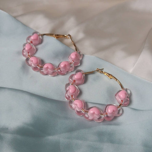 Gold & Pink Heart Hoop Earrings - Pink Bead Hoop Earrings, Pink Heart Earrings, Pink Earrings, Cute Earrings, Gold Earrings, Gold Jewellery